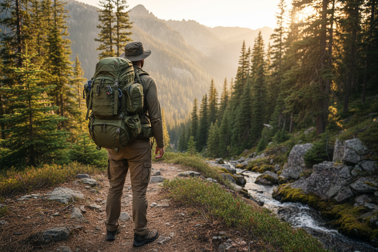 man in nature wearing tactical backpack